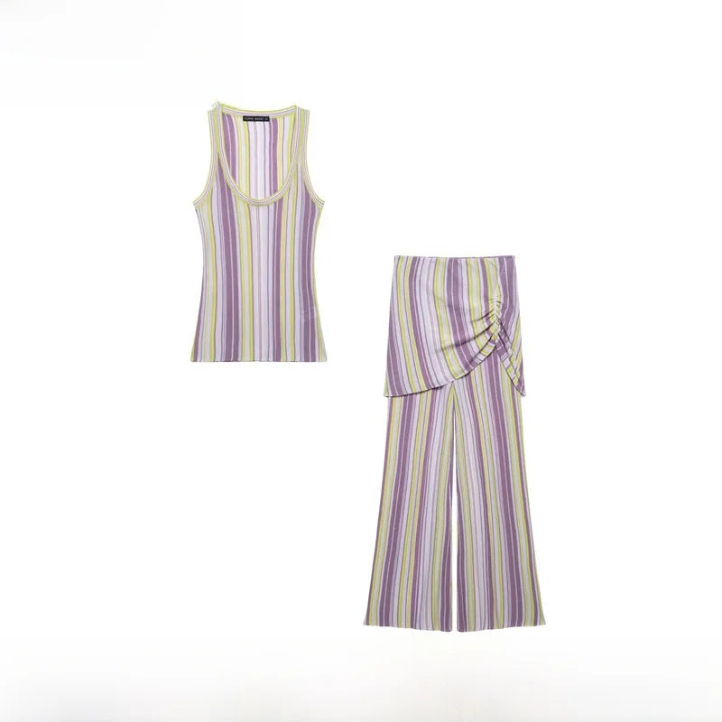 Fashionable Striped Knitted Women's Clothing ZR Style Spring Summer Arrival Two-Piece Set Long Skirt Pants No Sleeve