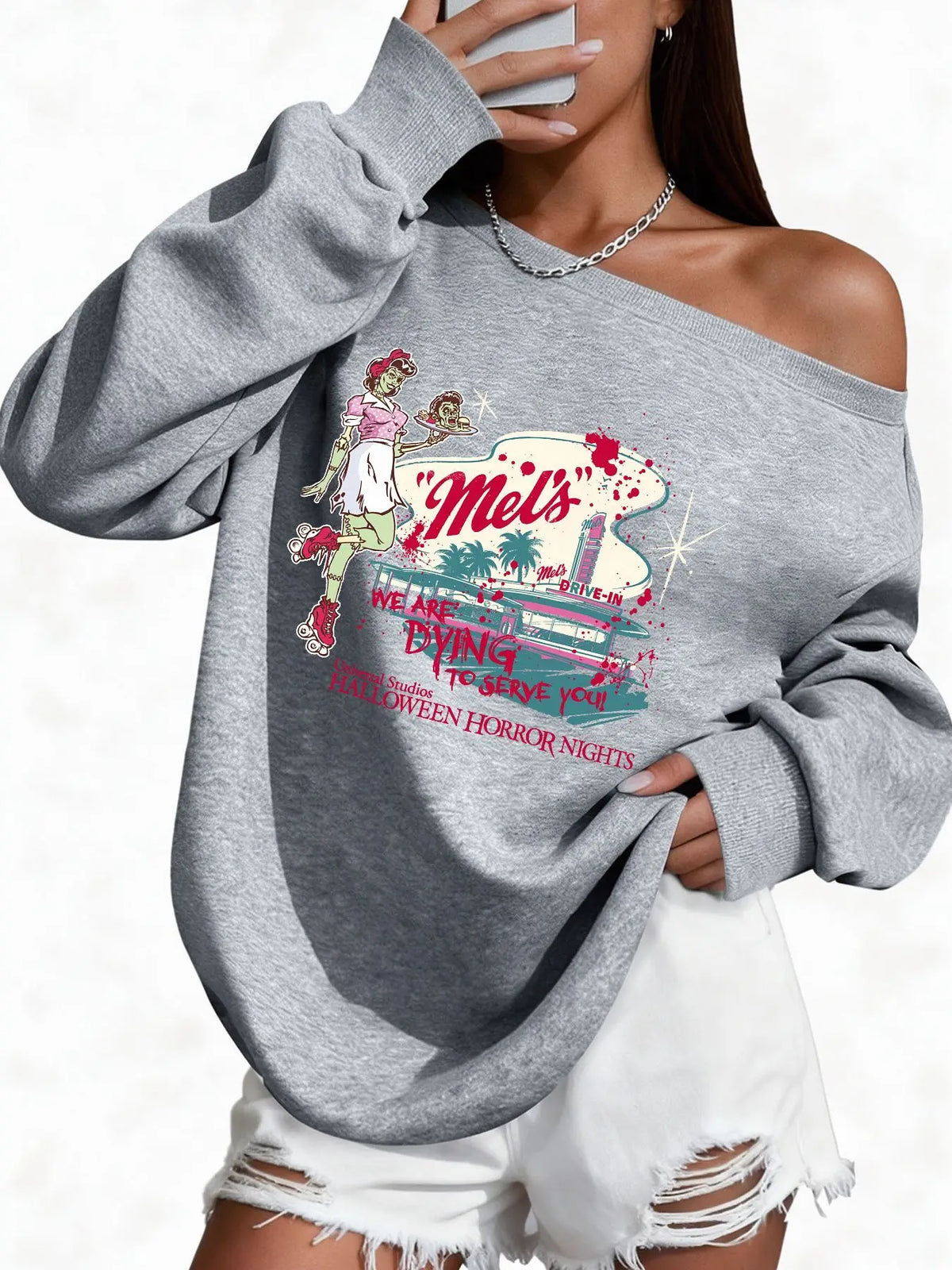 Plus Size 50% Cotton Vintage Horror Retro Graphic Print High Quality Women'S Off-Shoulder Wide Neck Sweatshirt Warm Casual Tr