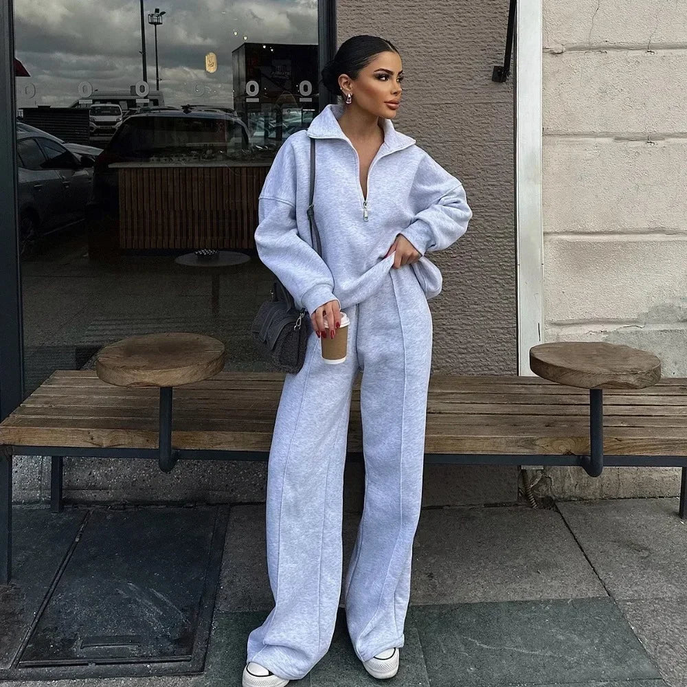 Women Half Placket Pullover Sweatshirt Pants Two Piece Set Autumn Winter Loose Casual Matching Outfit Ladies