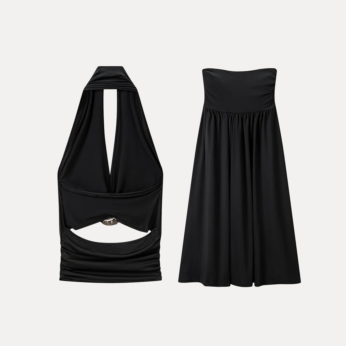 Fashionable Metal Decorated One-Shoulder Long Dress Set Women's Summer Style Slimming Individuality Matching Ensemble