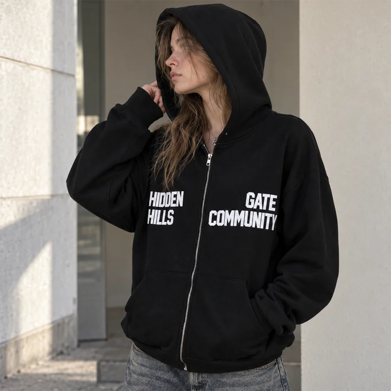 Women Zip Up Hoodie Letter Print Long Sleeve Oversized Sweatshirt Casual Y2K Streetwear Jacket Black Red Hooded Top for Women