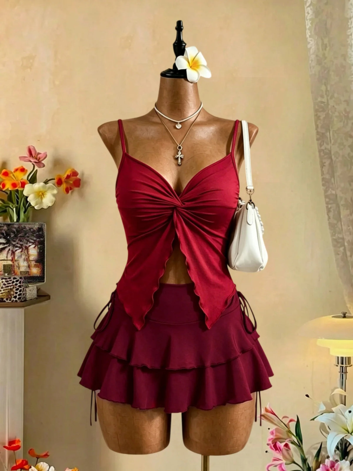 Women 2 Piece Outfit V Neck Knot Front Cami Top + High Waist Tie Side Ruffle Mini Skirt Y2K Sexy Vacation Party Matching Set