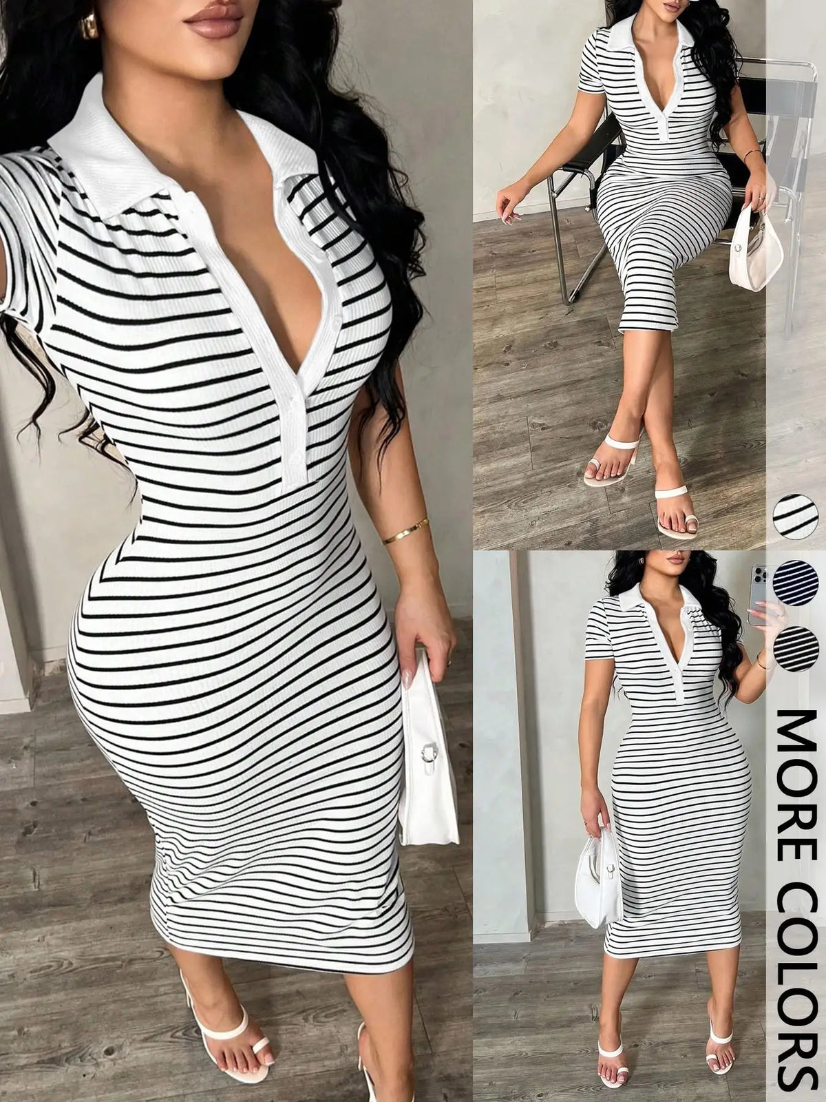 Women's Casual Minimalist Commute Style Short Sleeve Black White Stripe POLO Shirt Dress 1 Piece