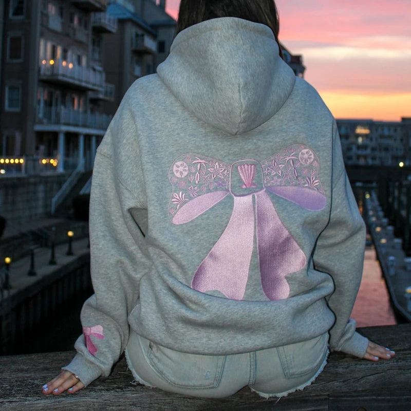 2000s Retro Cute Oversized Hoodies for Teen Girls Women Embroidery Bow Print Sweatshirt Preppy Long Sleeve Pocket Hoodies