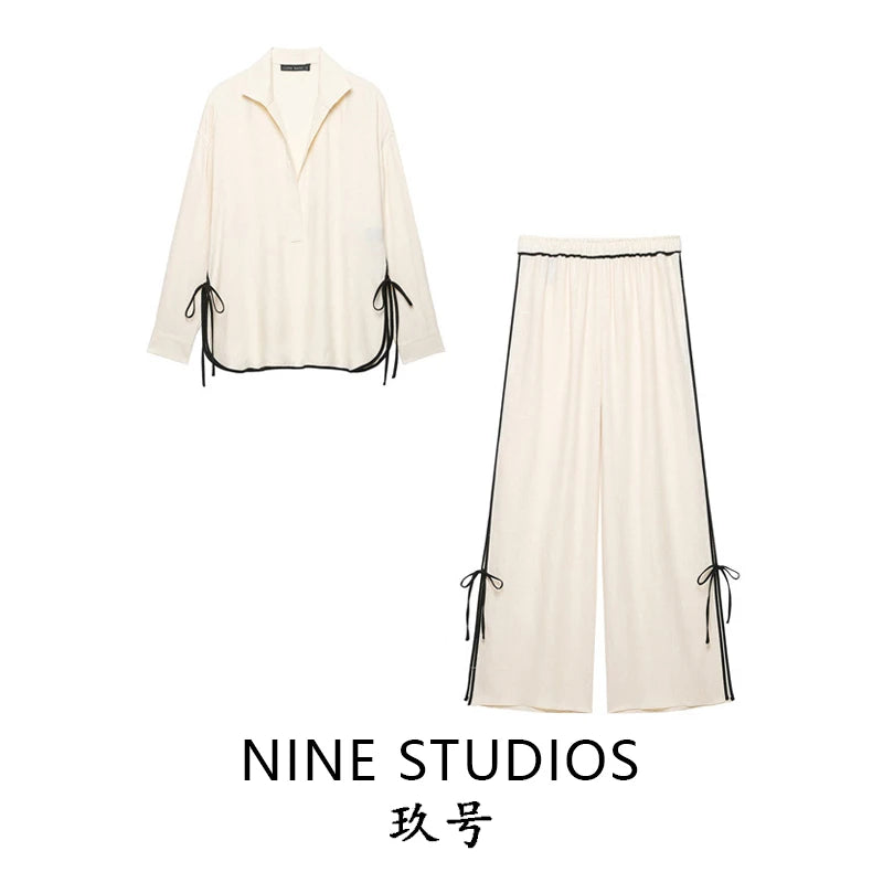 Loose Shirt Top And Pants Set with Lace-Up Details Women's Fashion Ensemble Long Sleeve Summer Outfit Two-Piece Suit