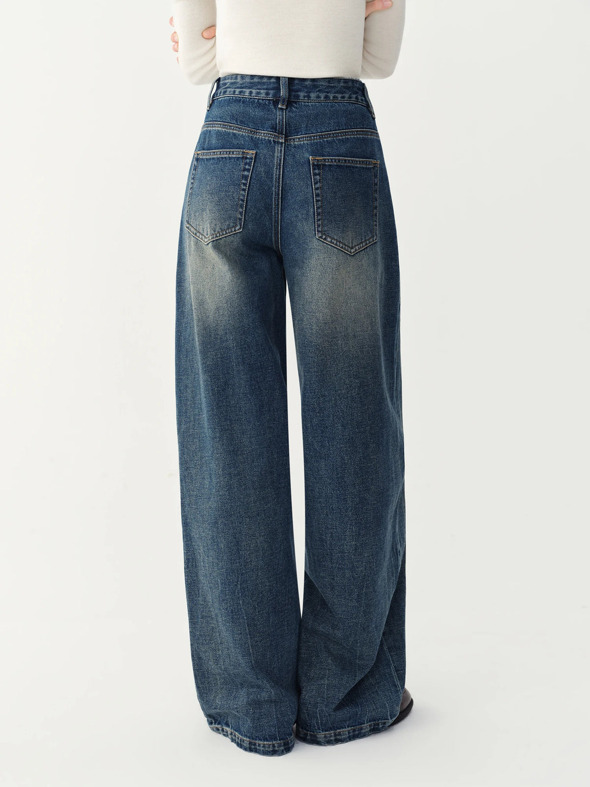 Jeans FSLE Women Vintage Washed Distressed High Waist Straight Wide Leg Jeans Leg Elongating Retro Denim Pants Casual Street Commute