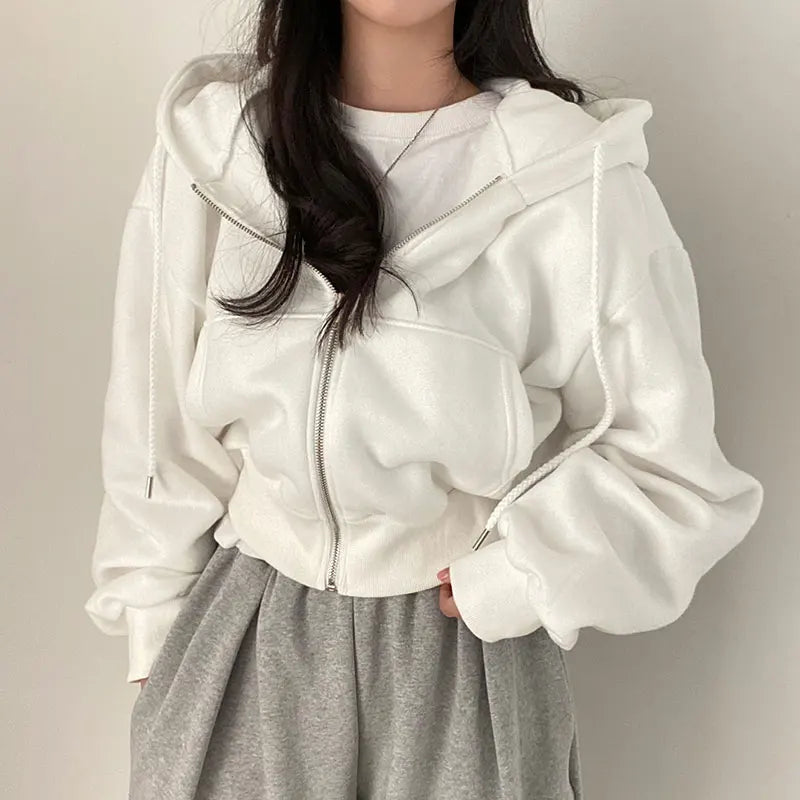 Sweatshirt Elegant Autumn Winter Hooded Sweatshirt Cardigan Women's Loose Long Sleeve Drawstring Design High Quality Simple Style