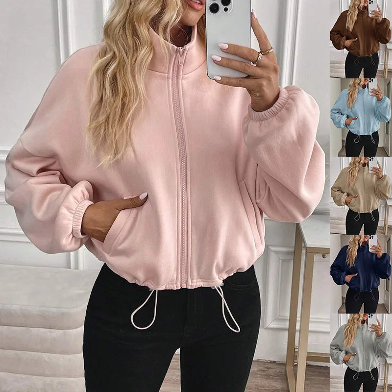 Women Fleece Lined Zip Up Hoodie Jacket Casual Drawstring Long Sleeve Outerwear Coats Spring Summer