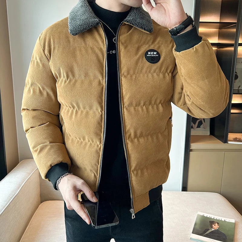 Men Retro Corduroy Workwear Jacket Men Fleece Lined Loose Casual Outerwear Men Winter Lapel Thick Cold Resistant Fashion Parkas