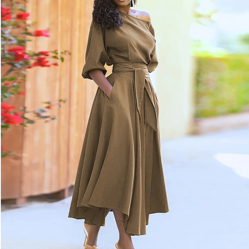 Women Summer Dress Solid Color Lantern Sleeve Belt Off Shoulder Pleated Mid-calf Vestidos Perfect for Casual Summer Days