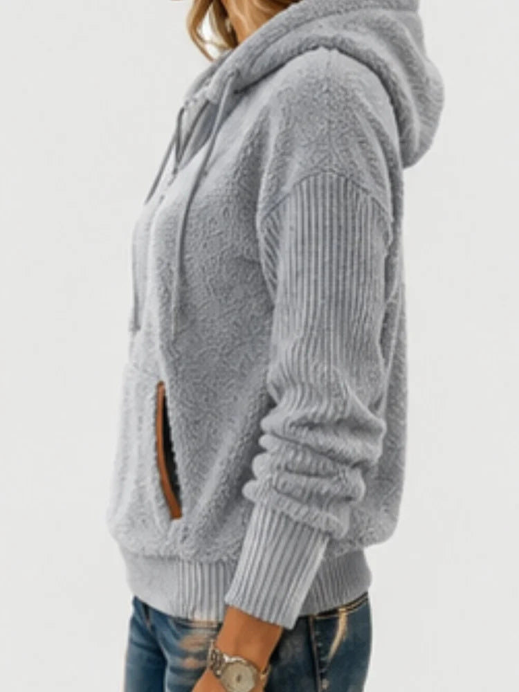 Women's Fuzzy Fleece Hoodie, Gray Plush Long Sleeve Half Zip Pullover Sweatshirt with Drawstring Hood and Front Pocket, Casual Winter Top