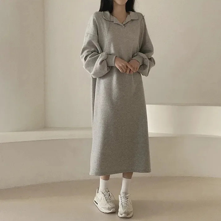 Korean Version of Solid Color POLO Collar Spring and Autumn Loose Lazy Style Long Dress Women