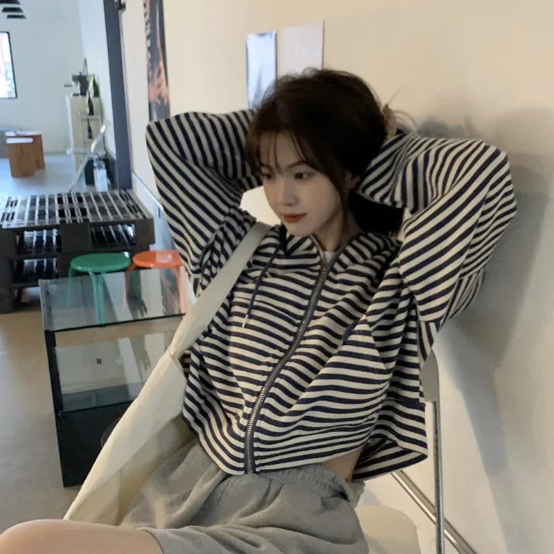 Women's Autumn Stripe Hooded Striped Loose-Fit Casual Thin Leisure Sweatshirt Long Zip-up Sense of Relaxation Jacket Streetwear