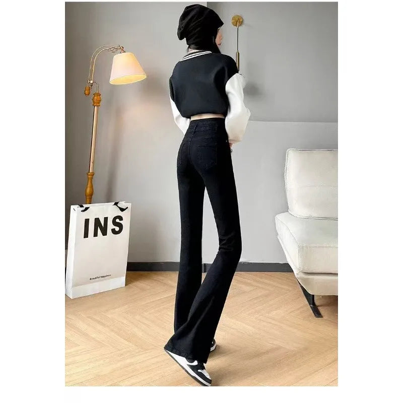 Women's Jeans Pants Black Flare High Waist Slimming Trendy Bell Bottom Denim Casual Streetwear Retro