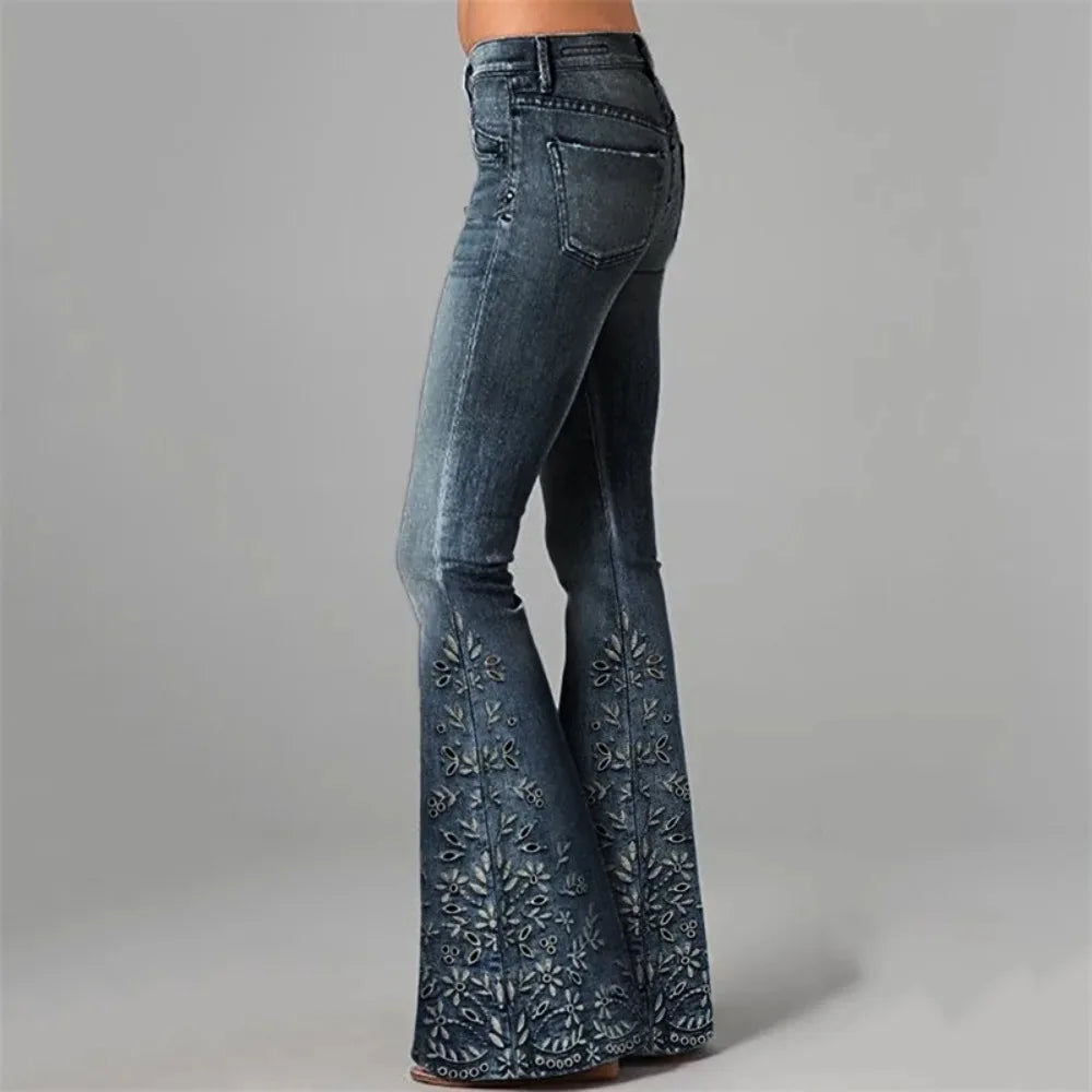 Women's Printed Flare Jeans - Figure Flattering Denim Pants,with Stretch for Casual and Retro Vintage Style