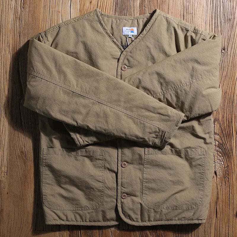 KIDWHXR Man Parkas Coat Autumn Winter Retro V-neck Single-breasted Male Jacket Outdoor Sport Long Sleeve Pocket Men Outerwear