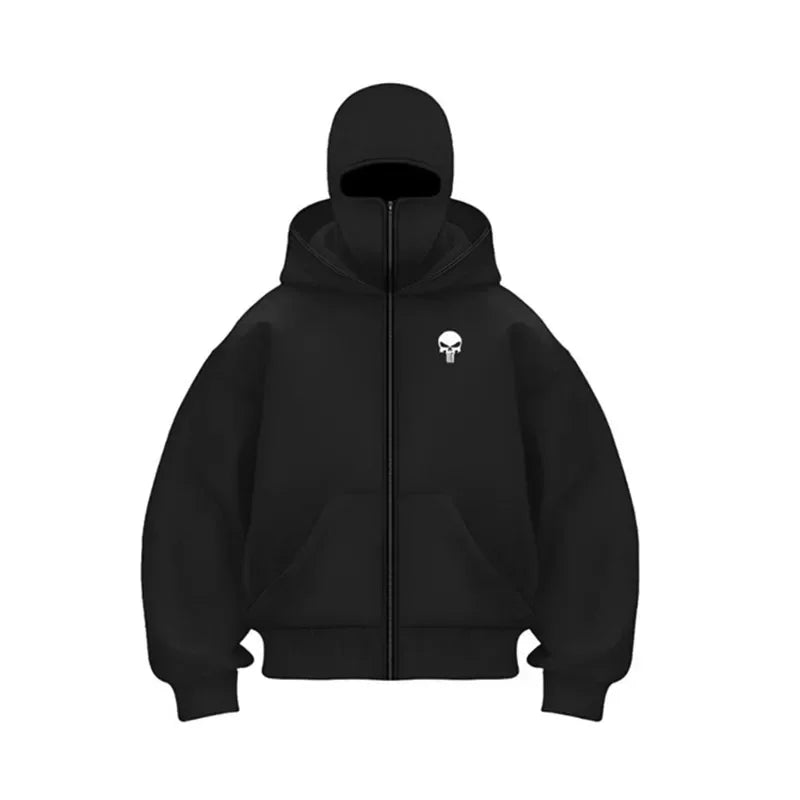 Unisex Double Hooded Fleece Sweatshirt Woman Balaclava Hoodie Half Zip Warm Outfit for Fall Winter Men Clothing Masked Outfit