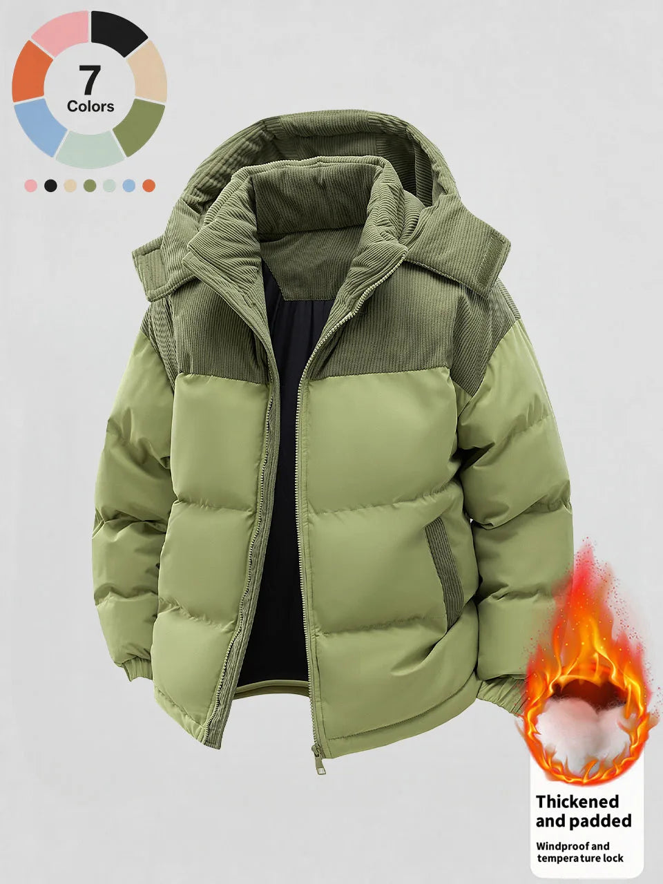 Men's Winter Detachable Hooded Cotton Jacket, Corduroy Color-Blocking Patchwork Cotton Coat, Thick Padded Windproof Loose Outdoor Casual Men's Jacket, Multiple Colors Available