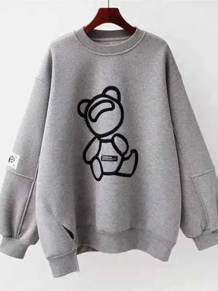 Sweatshirt Korean Style Bear Print Fleece Lined Thickened Loose Women's Sweatshirt Fashionable Neutral Style White Autumn Winter New Arr...