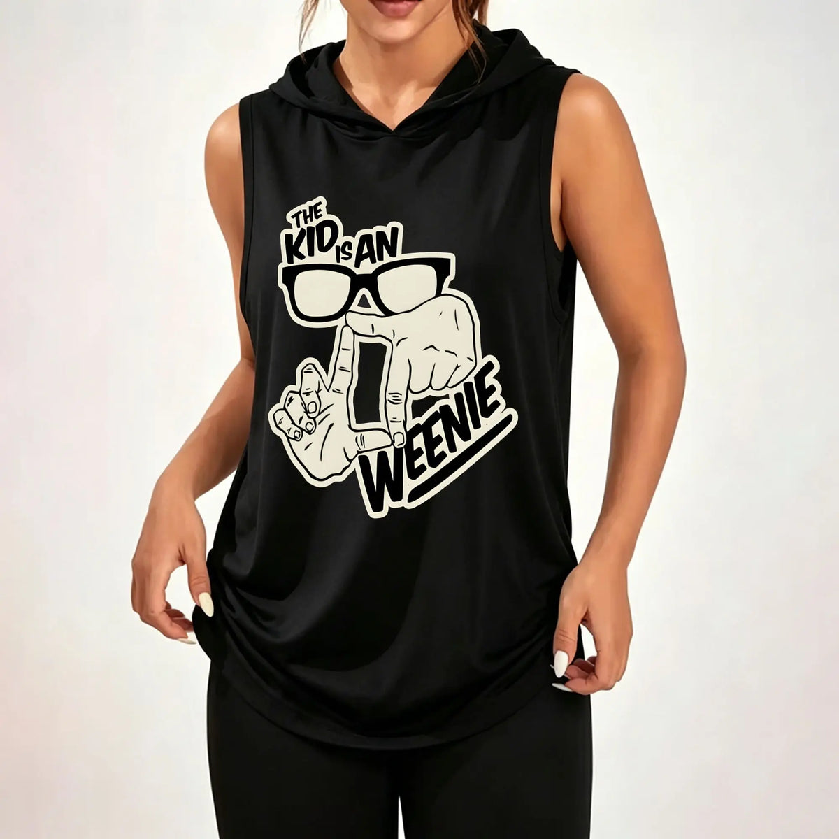 Women Sleeveless Hooded Tank Top Funny "The Kid Is An Weenie" Hand Gesture Glasses Graphic Print Sleeveless Hood Tank Top ****