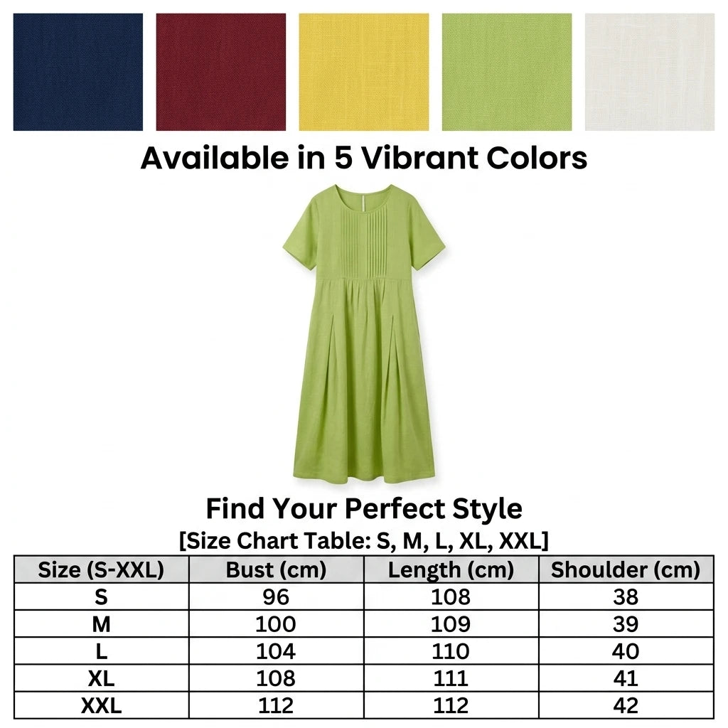 Cotton Linen Dress for Women Pleated Solid Color Short Sleeve Casual Midi Pullover Sundress