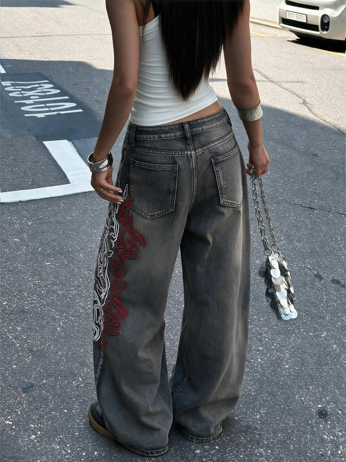 Women's High Street Vintage Two-Tone Embroidered Black Baggy Jeans Y2K Street Style Hot Girl Fashion Trend Versatile High-Waist Pants