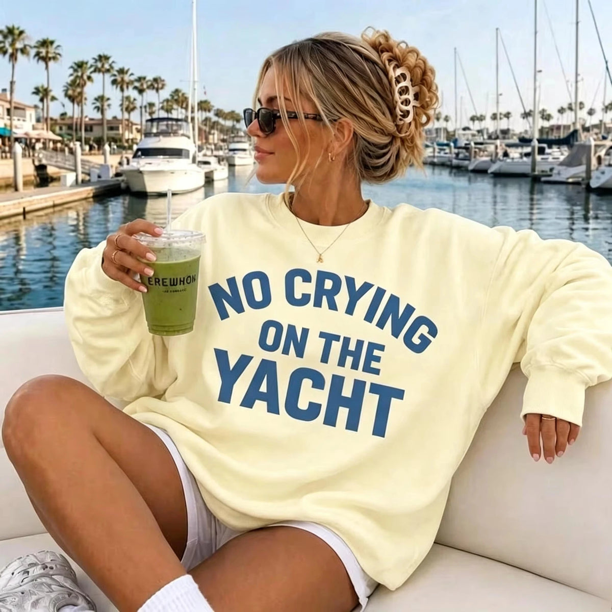 2026 Fashion New Women Crew Neck Pullover Sweatshirt, Oversized Loose Fit Retro Millennium Style, "No Crying On The Yacht" Lake Life Graphic Print, Cute Long Sleeve Tops for Summer Fall Daily Basic Top