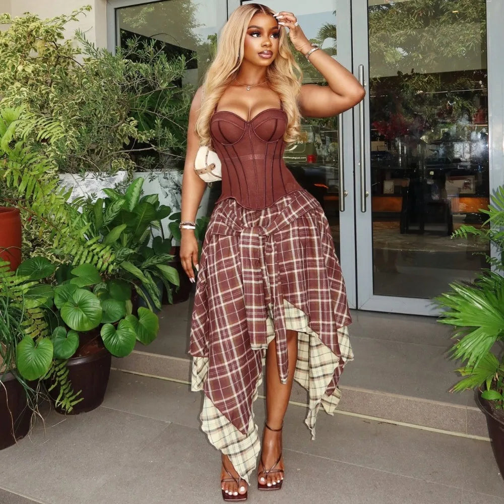 Summer Women 2‑Piece Outfit Set Vintage Plaid High Waist Slim Fit Irregular Hem Midi Skirt Matching Set Casual Skirt Set