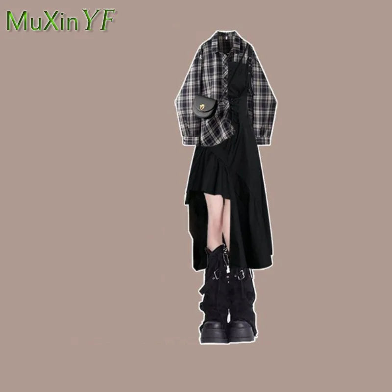 Women Summer/Autumn Fashion Plaid Shirt+Sexy Irregular Dress Matching Set Korean Elegant Cardigan Strip Skirt Two Piece Suit