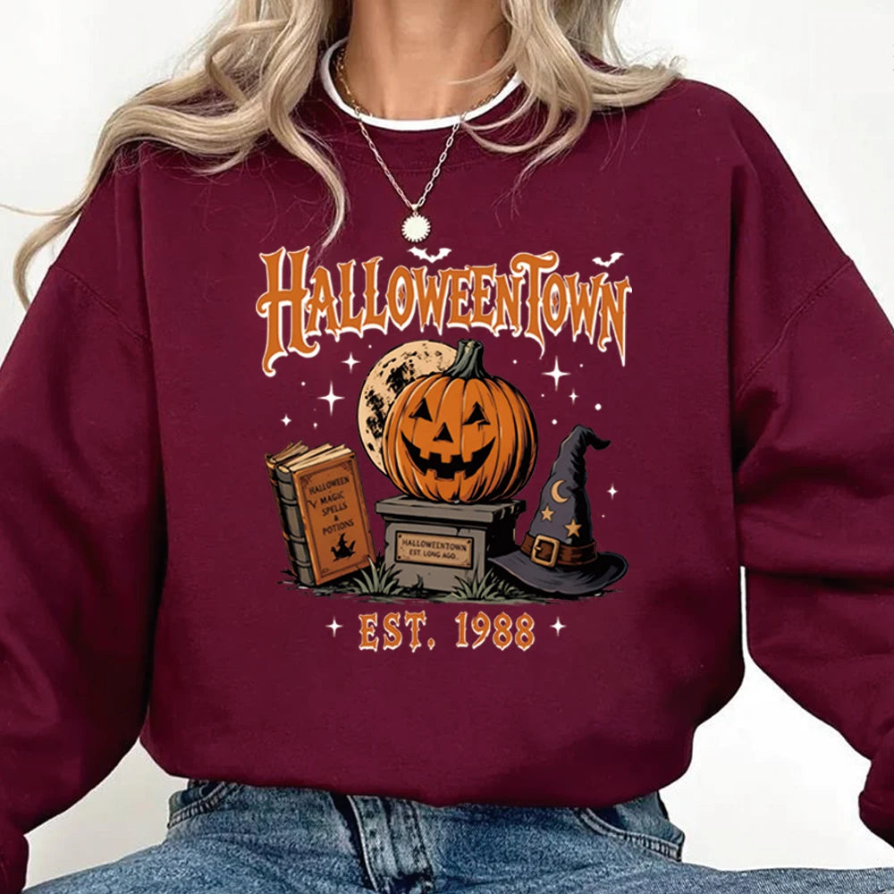 Vintage Halloween Town Est 1988 Sweatshirt Fall Pumpki Shirt Spooky Season Hoodie Winter Clothes Women Long Sleeve Sweatshirts