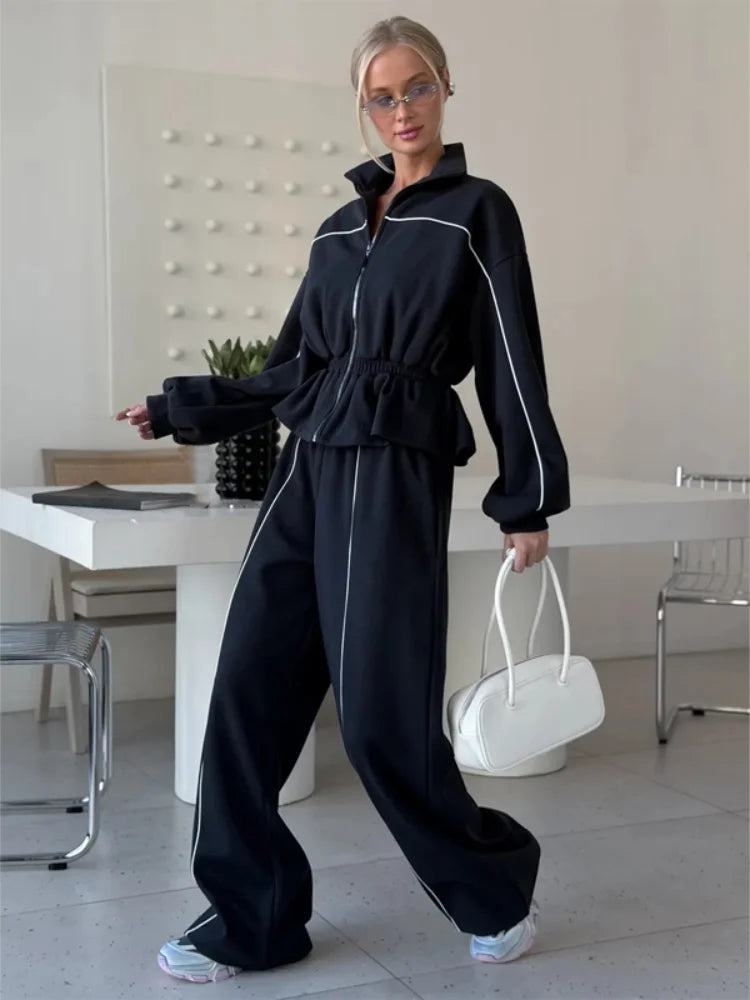 Matching Set Fashion Black Track Suit Jacket Two Piece Suit Women Zip Up Cinch Waist Coat Wide Leg Pants 2026 Autumn Lady Street Matching Set