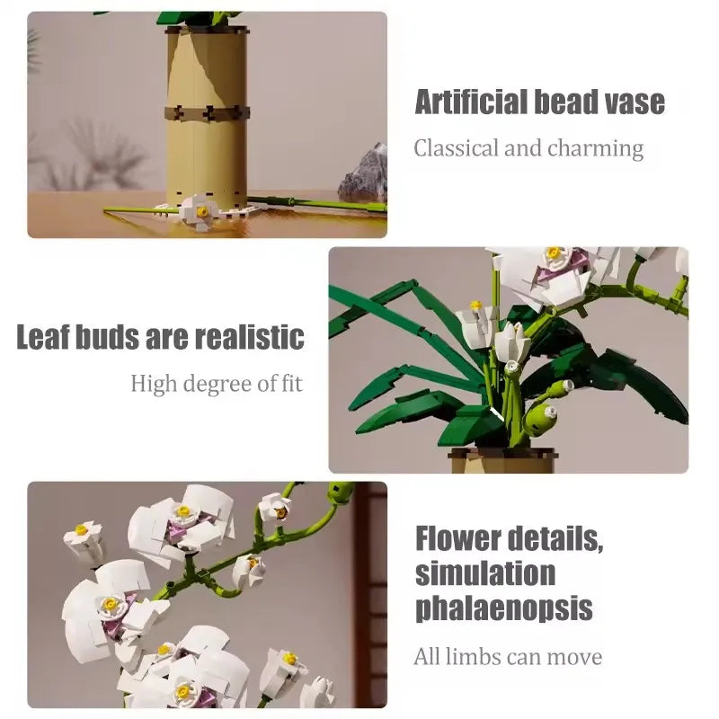 588PCS MOC Phalaenopsis Orchid Bouquet Building Blocks Potted Floral Model with Vase Creative Mini Bricks Home Decor Gift