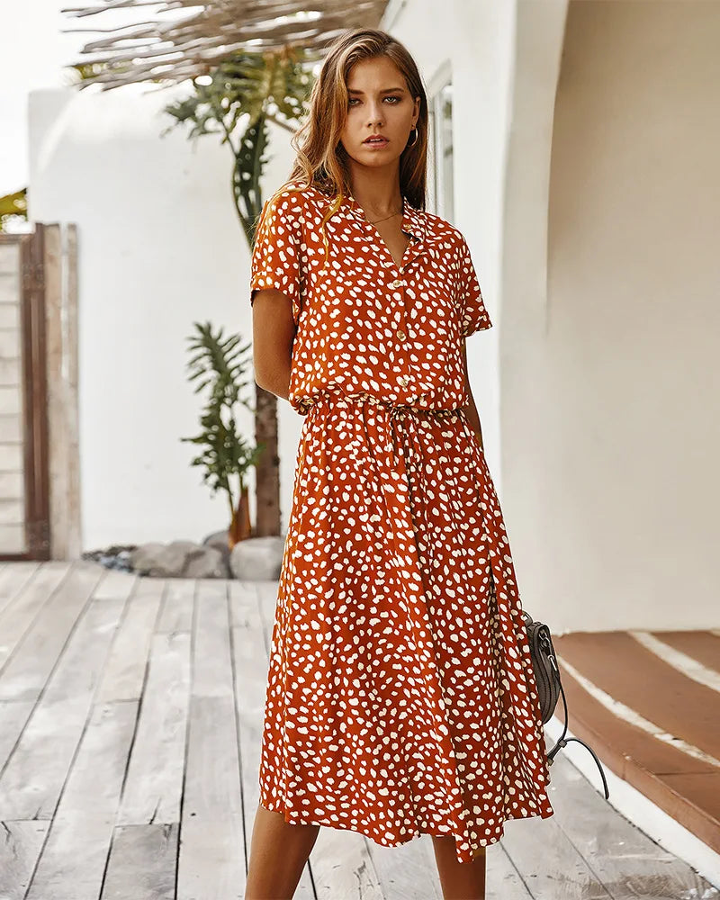 Casual Dress Summer Women Vintage Floral Print Dress Women Boho Short Sleeve Long Dress Turn Down Collar Casual Waistband Shirt Dresses Robe 2021 Summer