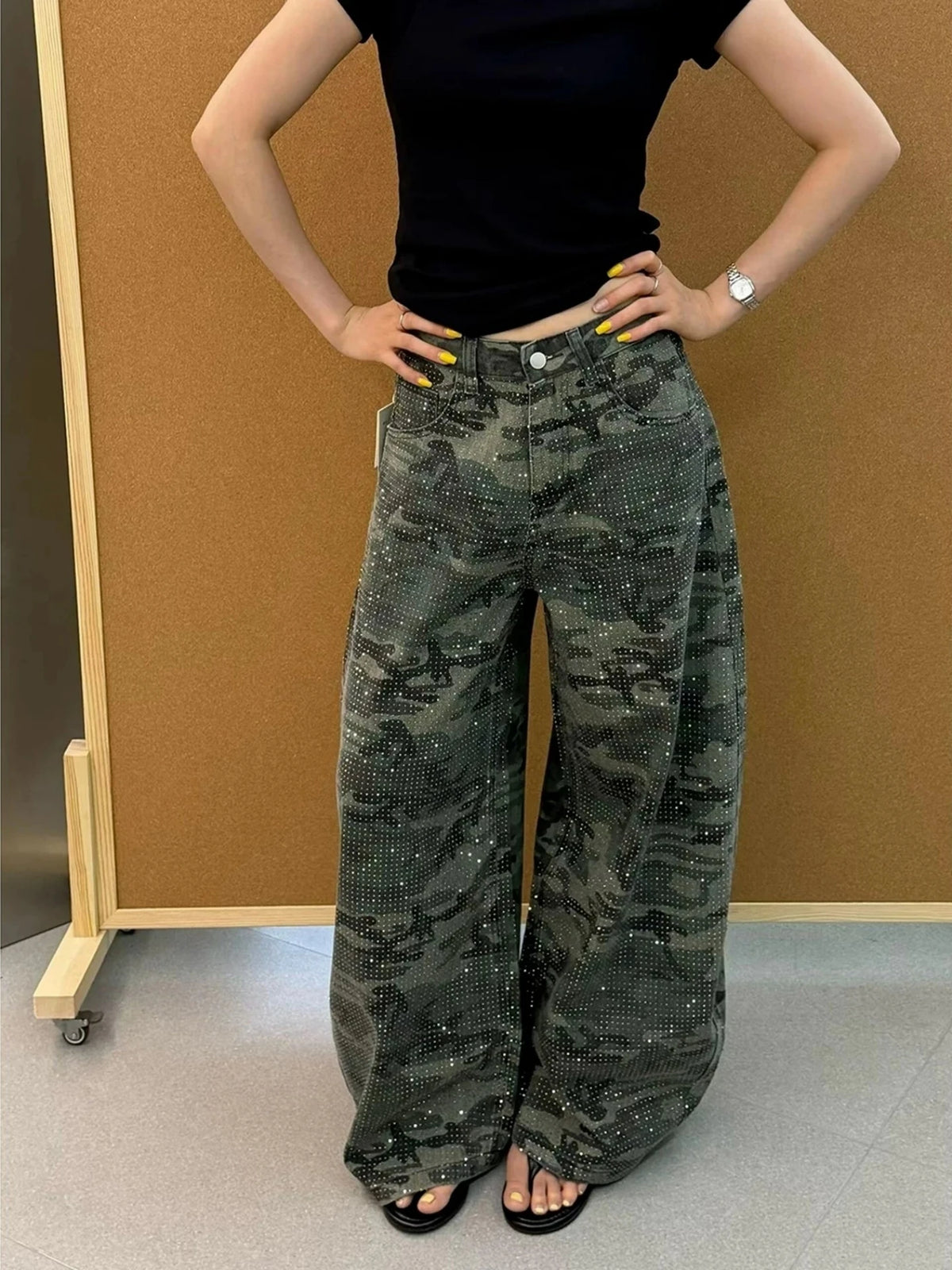 American Retro Rhinestone Wide Leg Camouflage Jeans Men Women Casual Loose Fit Long Pants Micro Flared Low Waist Denim