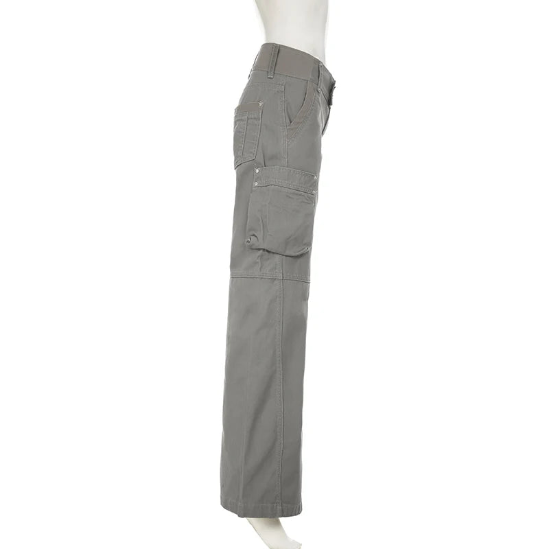 SUCHCUTE Chic Gray Cargo Jeans Y2k Streetwear Casual Loose Denim Pants For Women Aesthetic 90s Low Waist Straight-leg Trousers