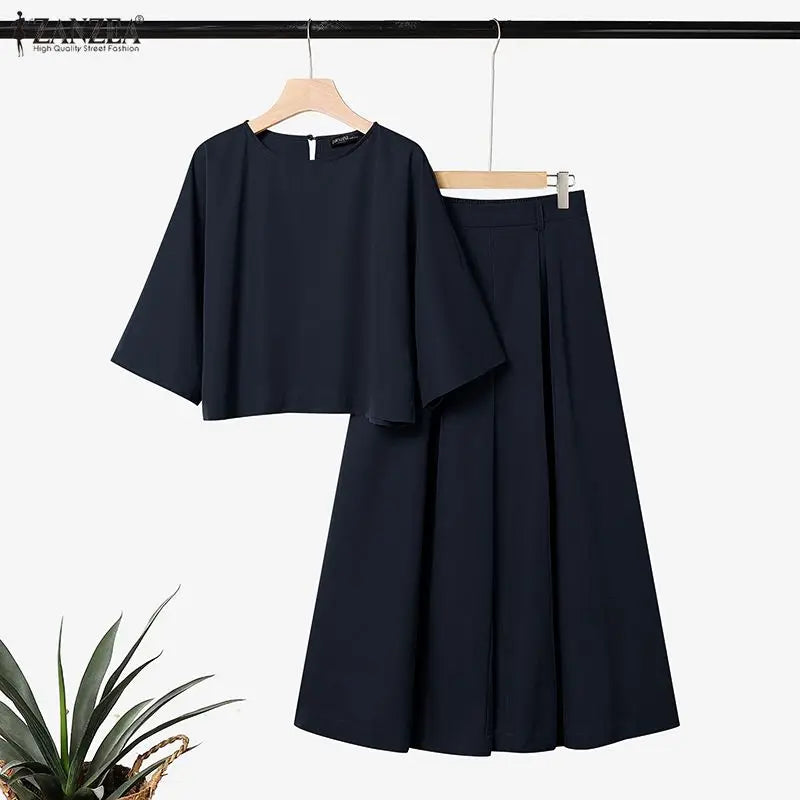 Women Pant Sets Boat Neck 3/4 Sleeve Crop Top & Wide Leg Pant 2-Piece Matching Sets ZANZEA Minimalist Elegant OL Work Co-ords