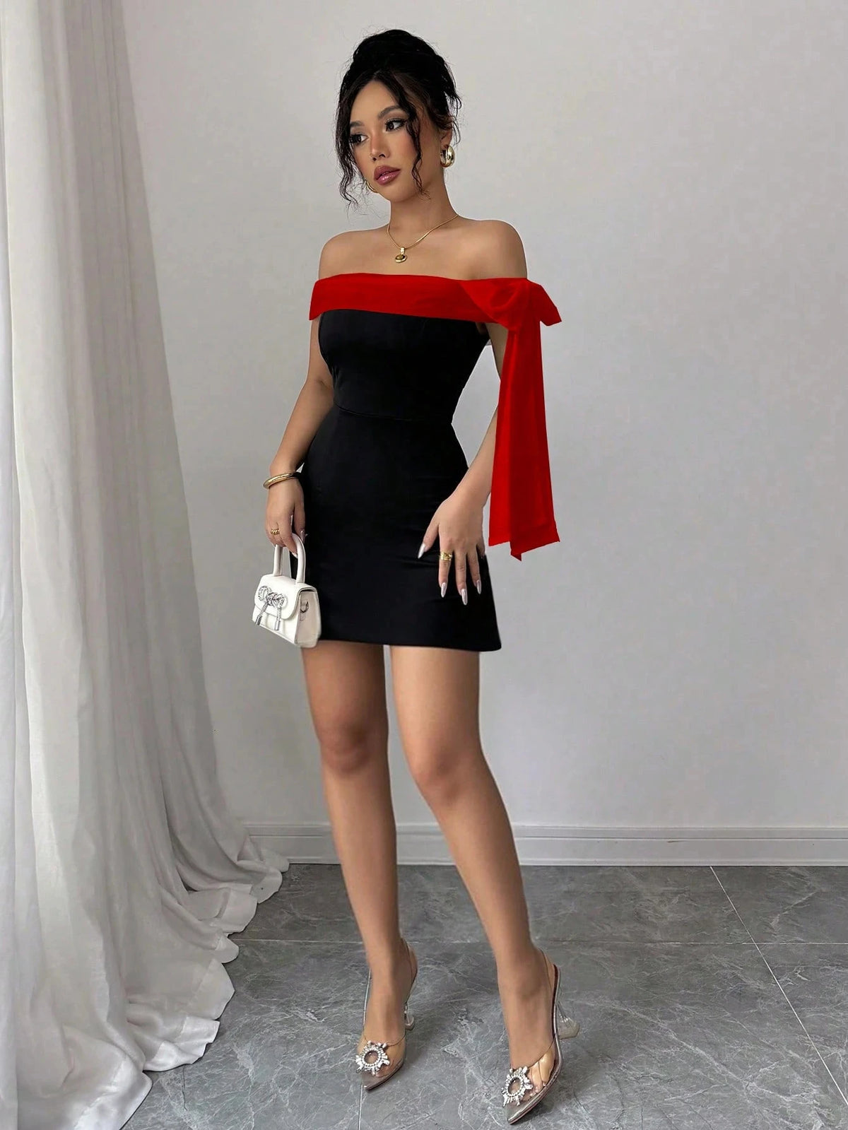 Dress Red Elegant Party Women Off Shoulder Mini Dress Red Big Bow Spliced Bodycon Short Dresses Elegant Slim Fit Black Little Dress Night Club Party Birthday Outfits Evening Gown