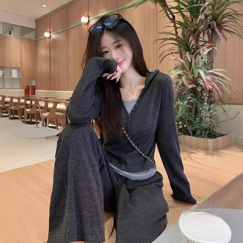 New Autumnal Women's Casual Sportswear Set Fake Two-Piece Long Sleeve Top High Waist Wide Leg Pants Comfortable Polyester