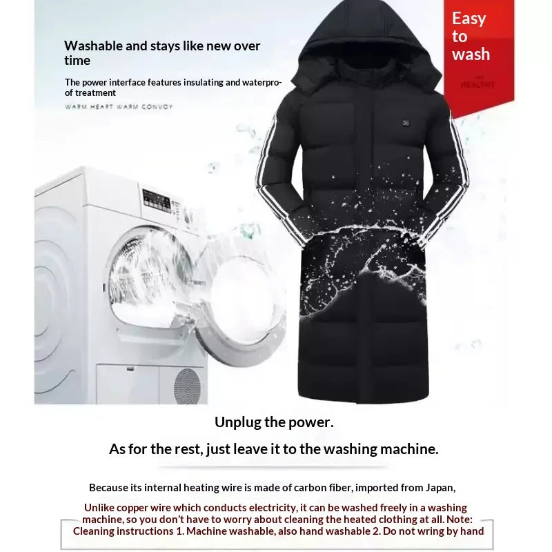 Smart Dual Control Heated Coat 11 Zone - Long Knee Length Hooded Cotton Parka, Outdoor Winter Warm Electric Heating Jacket