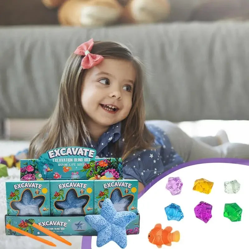 Archaeological Excavation Puzzle Toy Starfish Marine Life Dinosaur Fossil Gemstone Excavation Kit Includes 12 Real Gemstones