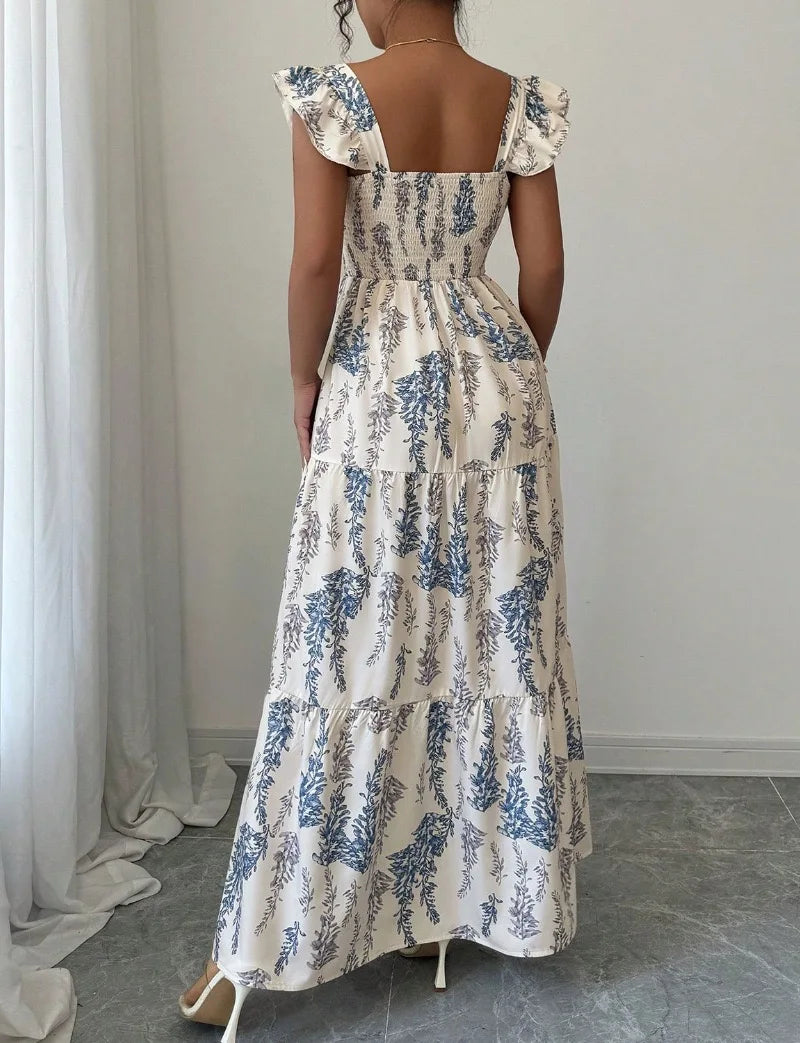 Women's Blue Fern Print Boho Maxi Dress Square Neck Ruffle Sleeve Smocked Sundress for Casual Holiday Vacation Wear