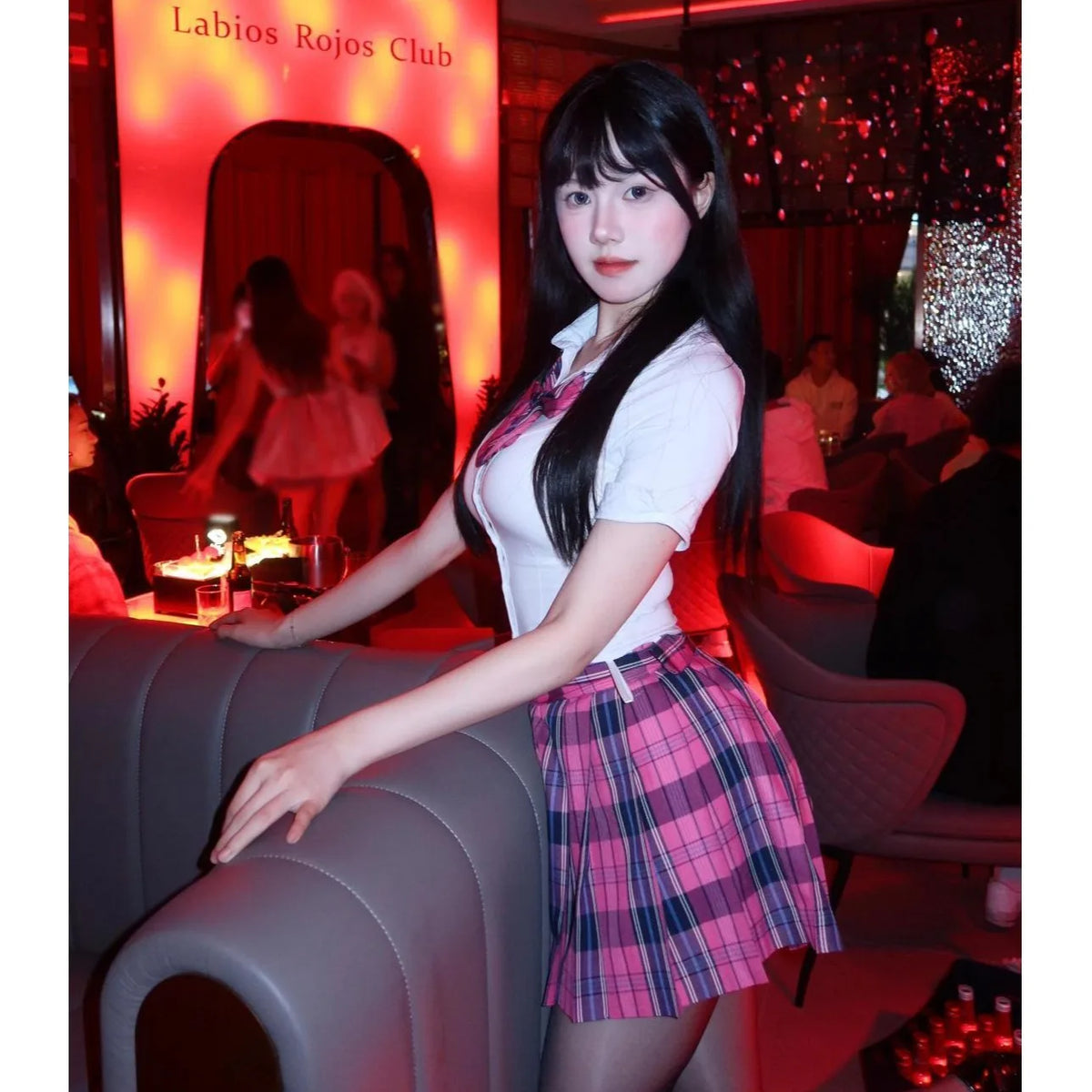 Slimming Women's JK Uniform Shirt And Skirt Set Short Pleated Skirt Top V-Neck Short Sleeve Polyester Summer Fashion Set