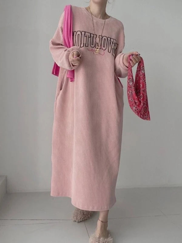 plus Size Women's Casual Korean Style Velvet Print Long Dress Autumn Loose Fit Straight Cut A-Line Dress Trendy Long Skirt