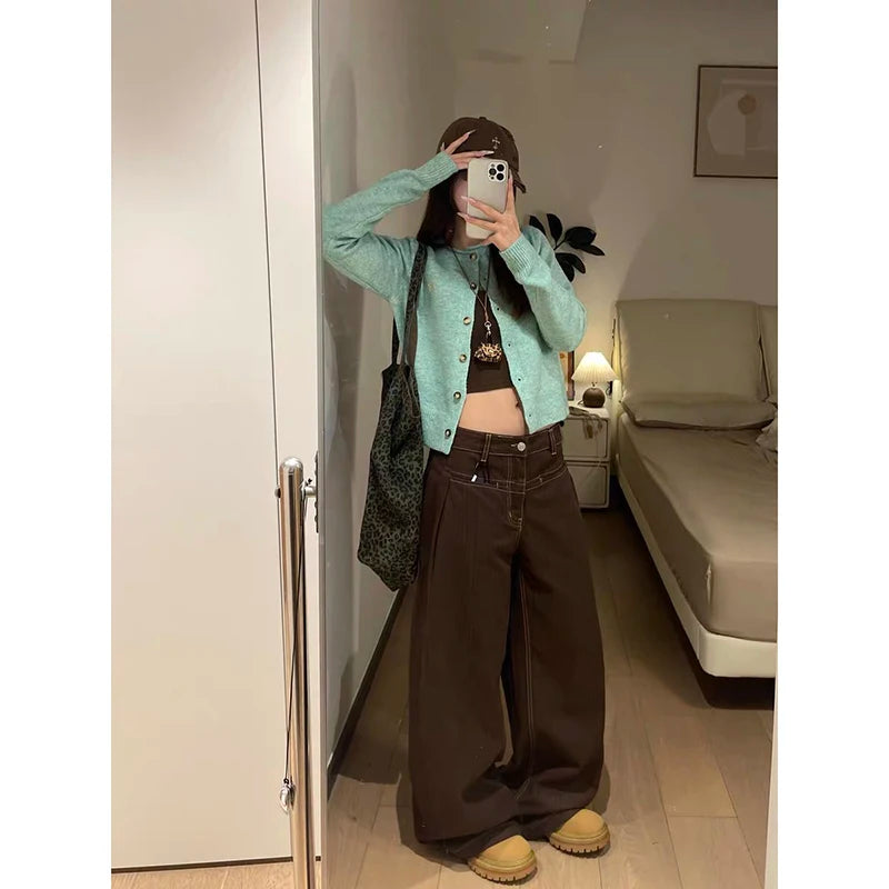 ZHIZOU American Pattern Embroidery Baggy Brown Jeans Women High Street Vintage Y2K 2000s Hip Hop Fashion Casual Wide-leg Pants