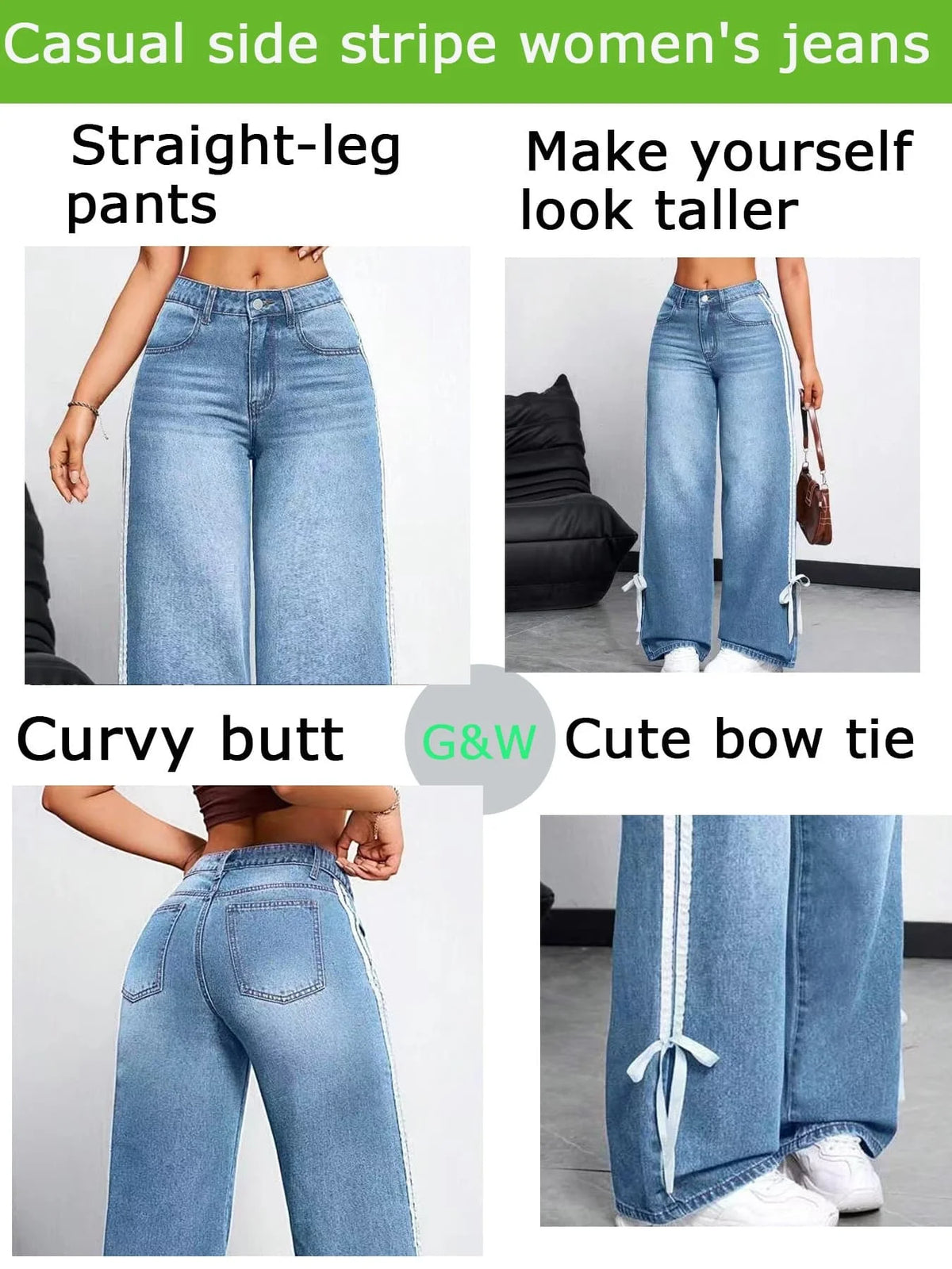 Side Stripe Lace Up High Waist Wide Leg Jeans Medium Blue Washed Slim Versatile Casual Women Jeans