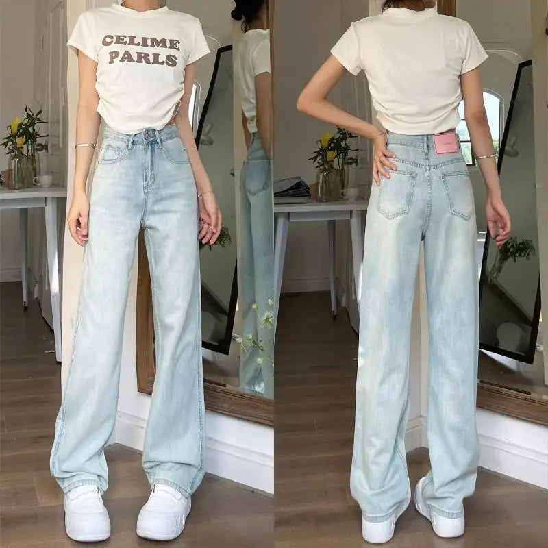 Autumn Retro Wide-leg Y2K Jeans Women's 2026 High Waist Loose and Thin American Solid Straight Denim Trousers Female Casual Pant