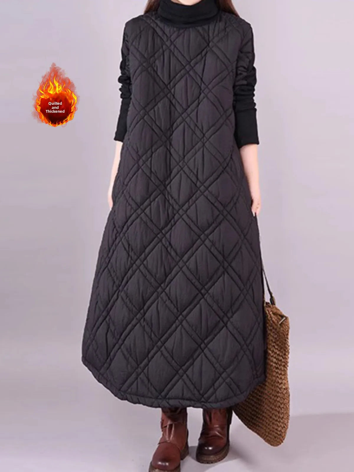 Afashion Casual High Collar Patchwork Thickened Long Women's Dress Winter plus Size Fashionable Splicing Diamond Grid Cotton In