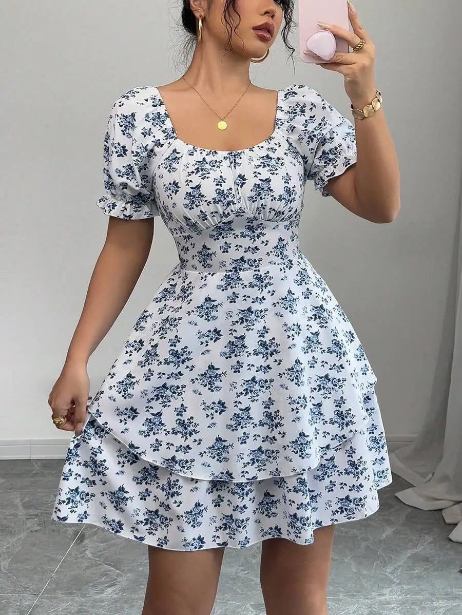 Women's Casual Ditsy Floral Mini Dress round Neck Short Sleeve Elastic Waist Ruffle Hem Summer Dress for Daily Vacation