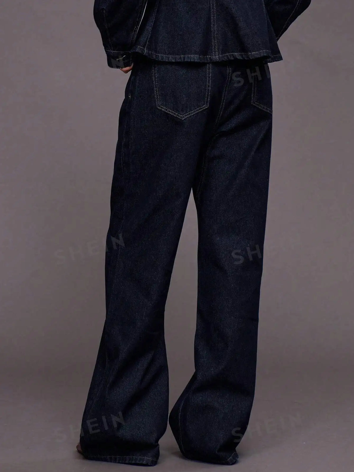 Women's Low Waist Wide Leg Jeans Dark Raw Denim Contrast Stitch Loose Long Trousers Non Stretch Casual Pants With Pockets