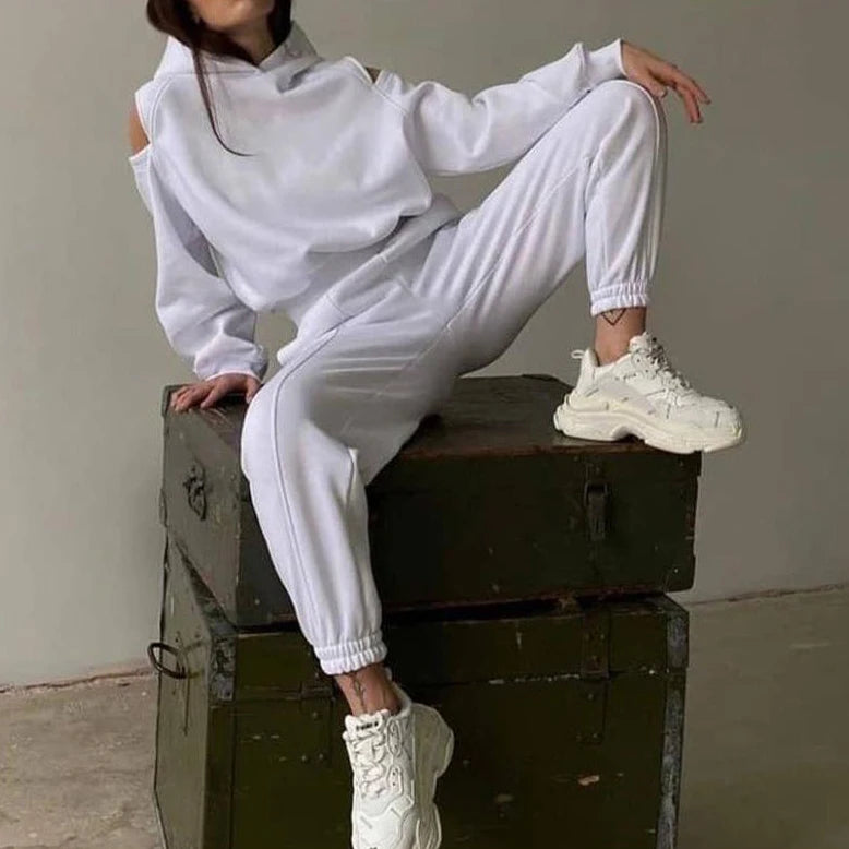 Women's 2026 European American Style Two-Piece Set Solid Color Hooded Short Hoodie Leg Binding Pants Casual Outfit